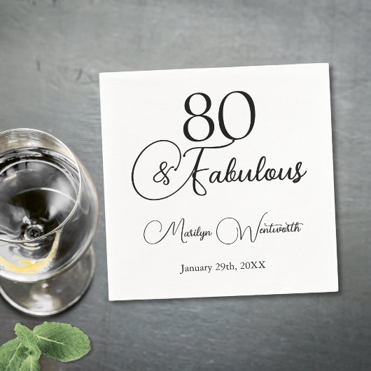 80 and Fabulous 80th Birthday Black Script  スタンダードカクテルナプキン