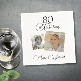 80 and Fabulous 80th Birthday Black Script Photo スタンダードカクテルナプキン