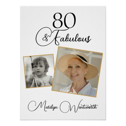 80 and Fabulous 80th Birthday Black Script Photo ポスター (正面)