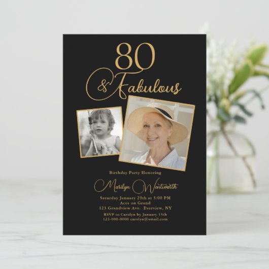 80 and Fabulous 80th Birthday Gold Script 2 Photo 招待状 (スタンド正面)