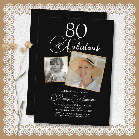 80 and Fabulous 80th Birthday White Script 2 Photo 招待状