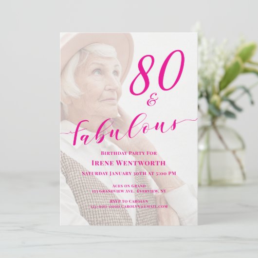 80 and Fabulous Birthday Pink Photo Overlay Script 招待状 (スタンド正面)