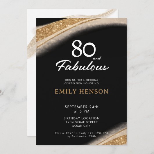 80 and Fabulous Black Gold Birthday 招待状 (正面/裏面)