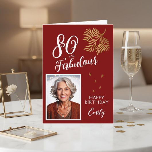 80 and Fabulous Foliage 80th Birthday Photo Card カード