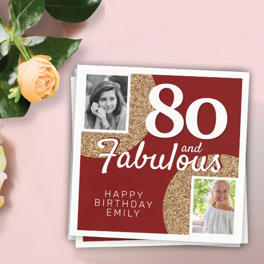 80 and Fabulous Gold Glitter 2 Photo 80th Birthday スタンダードカクテルナプキン