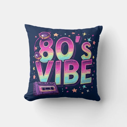 80’s Vibe Throw Pillow – Neon Cassette and Galaxy クッション (正面)