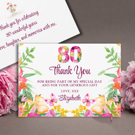80 Years Floral Flowers - Butterfly 80th Birthday サンキューカード