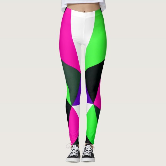 80sはっきりしたカラーブロックネオングリーンピンクパープル レギンス (正面)