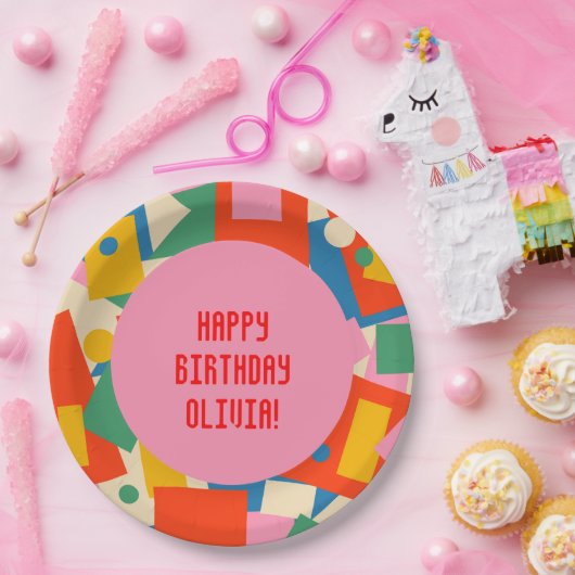 80sカラフル幾何学的抽象芸術枠モダン付 ペーパープレート (パーティー)