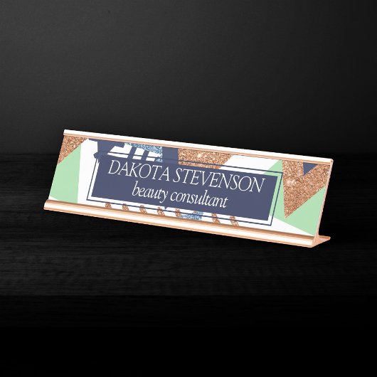 80sカラー抽象芸術 | ネイビーバラ金ゴールドミント90s デスクネームプレート