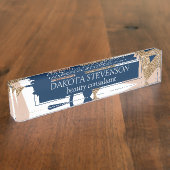 80sトレンディー抽象芸術 |海軍とバラ金ゴールドパターン デスクネームプレート (側面)