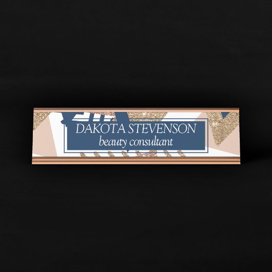 80sトレンディー抽象芸術 |海軍とバラ金ゴールドパターン デスクネームプレート