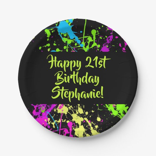 80sパーティーレトロネオン絵を描(ばちゃばちゃ)跳ねるパーソナライズされた ペーパープレート (正面)