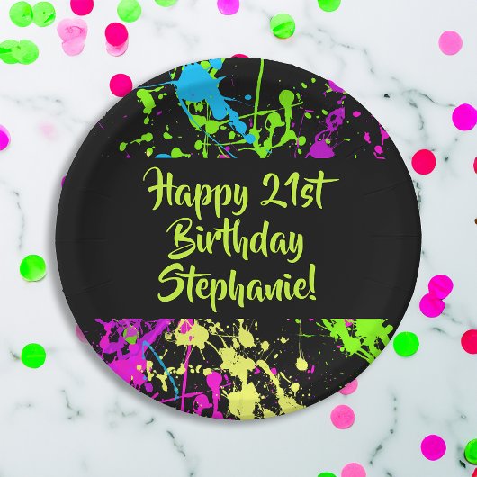 80sパーティーレトロネオン絵を描(ばちゃばちゃ)跳ねるパーソナライズされた ペーパープレート