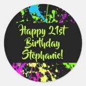 80sパーティーレトロネオン絵を描（ばちゃばちゃ）跳ねるパーソナライズされた ラウンドシール (正面)