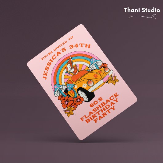 80sフラッシュバックヴィンテージレトロ誕生日パーティピンク 招待状