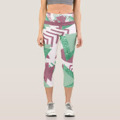 80sフレッシュ抽象芸術 |ピンクと緑の図形のパターン カプリレギンス (正面)