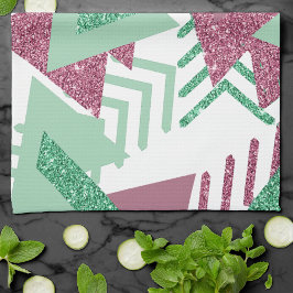 80sフレッシュ抽象芸術 |ピンクと緑の図形のパターン キッチンタオル