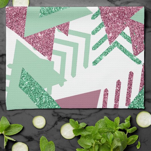 80sフレッシュ抽象芸術 |ピンクと緑の図形のパターン キッチンタオル