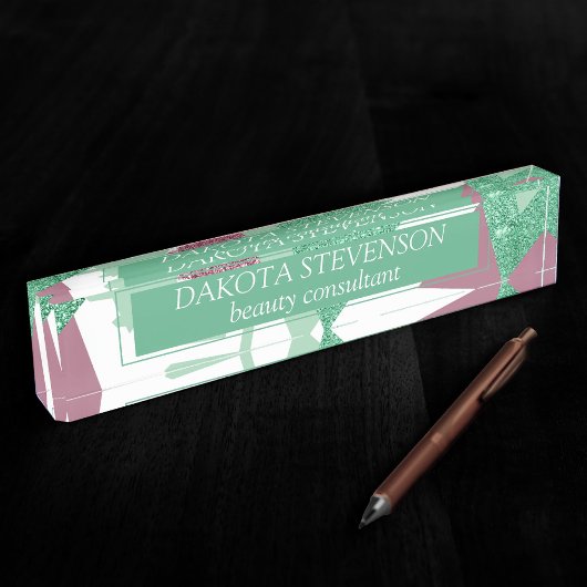 80sフレッシュ抽象芸術 |ピンクと緑の図形のパターン デスクネームプレート