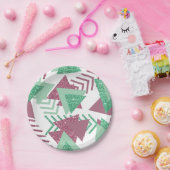 80sフレッシュ抽象芸術 |ピンクと緑の図形のパターン ペーパープレート (パーティー)