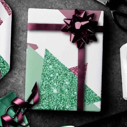 80sフレッシュ抽象芸術 |ピンクと緑の図形のパターン ラッピングペーパー