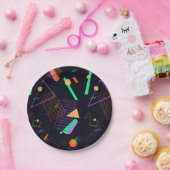 80sブラックおよびネオンレトロ幾何学的紙プレート ペーパープレート (パーティー)