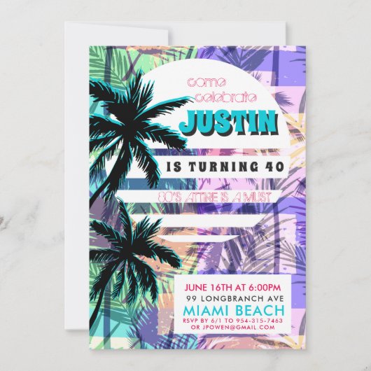 80sマイアミ誕生日パーティーへの招待 招待状 (正面)