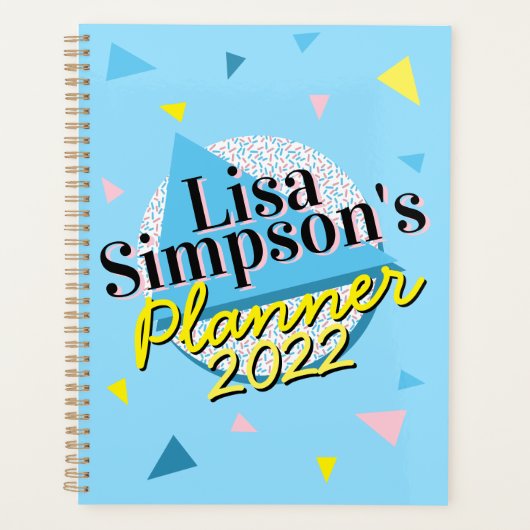 80sメンフィススタイルブルーイエロージオメトリックプリント プランナー手帳 (正面)