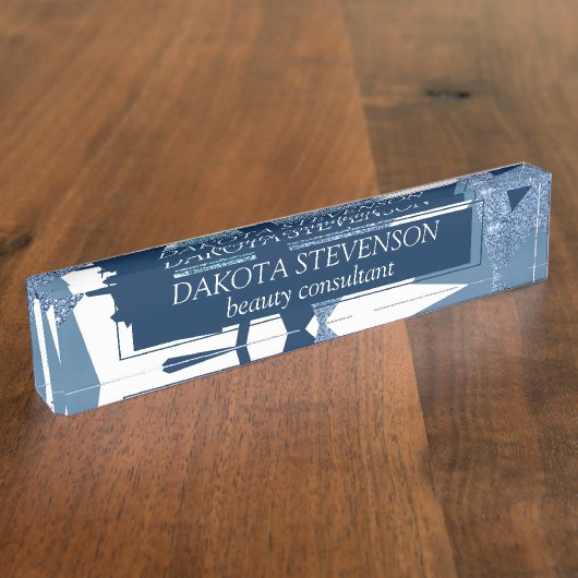 80sルクセ抽象芸術 |ターコイズとネイビーブルー デスクネームプレート (側面)