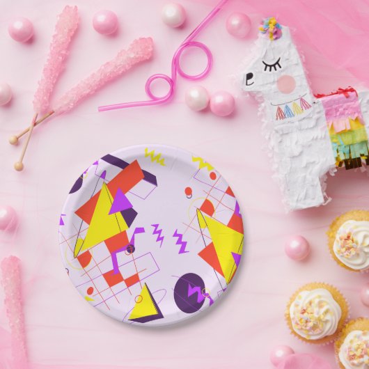 80sレトロ幾何学誕生日パーティープレート ペーパープレート (パーティー)