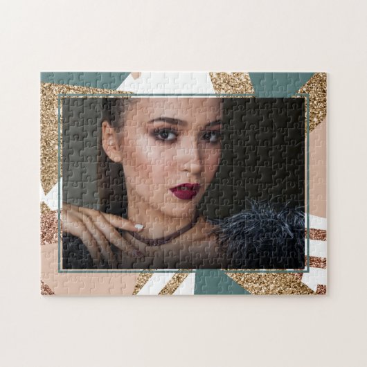 80sレトロ抽象芸術 | 70sグリーンと金ゴールド写真 ジグソーパズル (横)