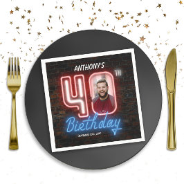 80sレトロ40th誕生日ネオンサインカスタム写真 スタンダードカクテルナプキン