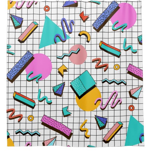 80s明るい:市松模様にヴィンテージジオメトリ。 シャワーカーテン (正面)