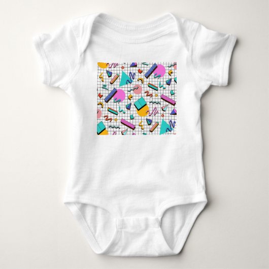 80s明るい:市松模様にヴィンテージジオメトリ。 ベビーボディスーツ (正面)