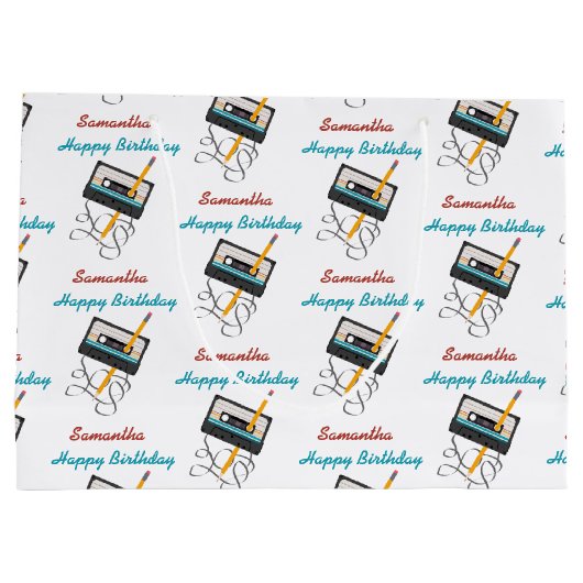 80s音楽おもしろいレトロカセットテープ誕生日名 ラージペーパーバッグ (裏面)