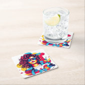 80s鮮やかスタイルポートレートと幾何学的パターン スクエアペーパーコースター (インサイチュ)