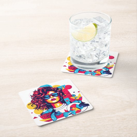 80s鮮やかスタイルポートレートと幾何学的パターン スクエアペーパーコースター (インサイチュ)