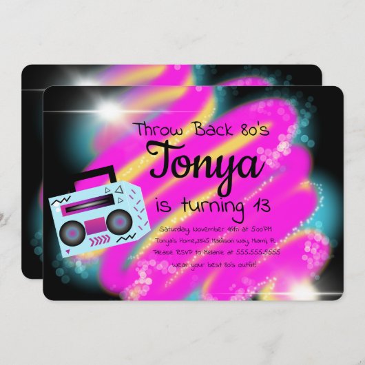 80s 90sパーティーエアブラシヴィンテージブームボックススローバック 招待状 (正面/裏面)