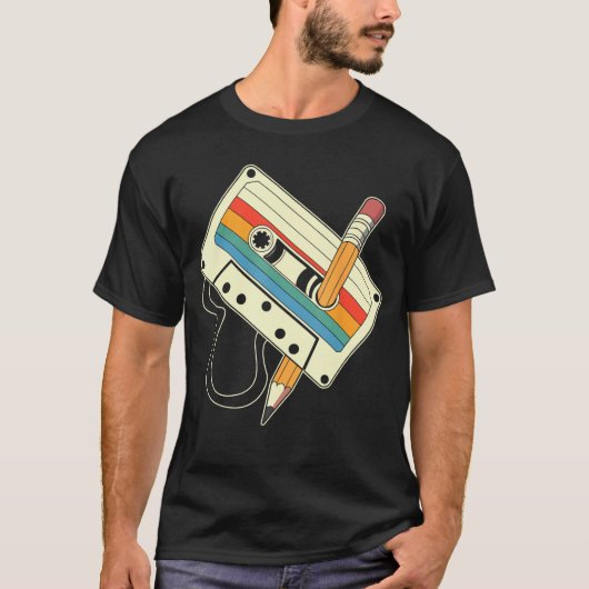 80s 90s Retro Music Mitape Cassetteape Pencil Nost Tシャツ (正面)