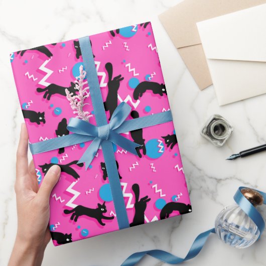 80s Catsブラックピンク幾何学模様 ラッピングペーパー (ギフト)