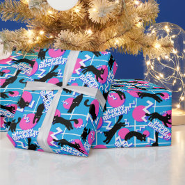 80s Cats誕生日ブルー幾何学模様 ラッピングペーパー