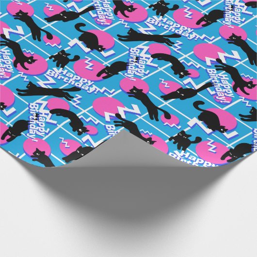 80s Cats誕生日ブルー幾何学模様 ラッピングペーパー (角)