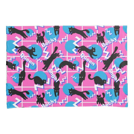 80s Cats Name Pink Geometric Memphis Pattern 枕カバー (正面右)