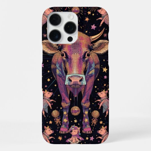 80s Disco Party Surreal Cow & Flying Pigs Funny iPhoneケース (裏面)
