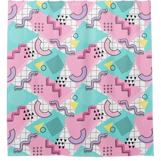 80's Memphis Active Pink Light Turquoise シャワーカーテン (正面)