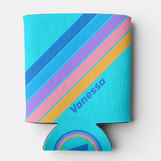 80s Neon Ocean Sky Stripes with Name 缶クーラー (裏面)