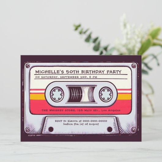 80s Nostalgiaカセットテープミックスおもしろい50誕生日 招待状 (スタンド正面)