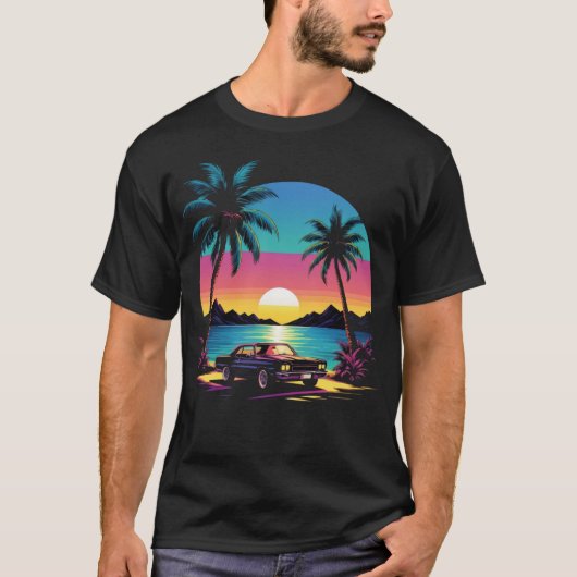 80s Retro Style Sunset with Car Tシャツ (正面)