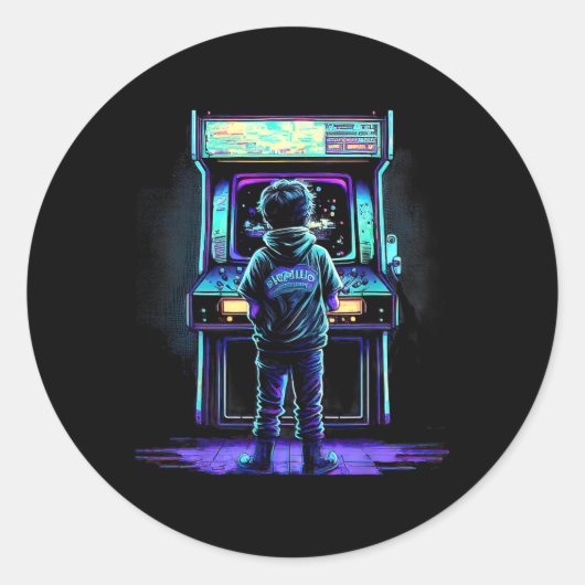 80s Video Game Vintage Retro Arcade 3  ラウンドシール (正面)